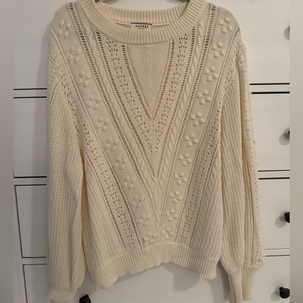 ANDREE BY UNIT Cream Open-Knit Crewneck Sweater
